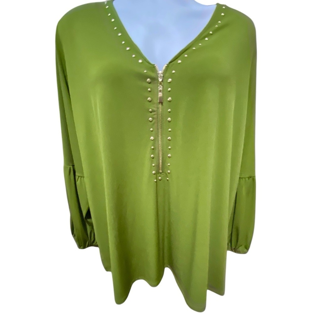 Carmen Marc Valvo Womens Top 3X Green Studded Zip Bell Sleeve Stretch Blouse - Picture 1 of 9